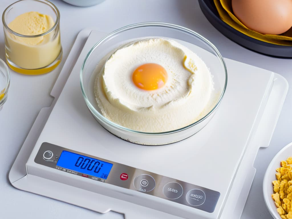  A closeup, ultradetailed image of a sleek, modern digital kitchen scale with a precision measuring display showing the exact weight of finely sifted flour in grams, positioned next to a bowl of fluffy egg whites being whipped to stiff peaks, capturing the essence of precision and accuracy in pastry making. hyperrealistic, full body, detailed clothing, highly detailed, cinematic lighting, stunningly beautiful, intricate, sharp focus, f/1. 8, 85mm, (centered image composition), (professionally color graded), ((bright soft diffused light)), volumetric fog, trending on instagram, trending on tumblr, HDR 4K, 8K