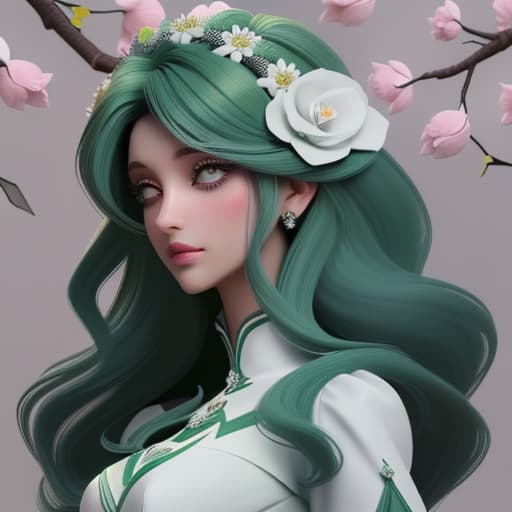  garota de cabelos cacheados mechas verde preto e branco longos com vestido branco na floresta com rosas brancas e amarelas com brilhos