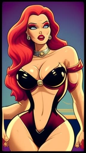  printdesign, in PrintDesign Style, Hyper-realistic, Ultra-detailed, masterpiece of Jessica Rabbit dressed in Sexy Leather inspired by cosplay, Detailed Beautiful face, Full Red Lips, Ice Blue Eyes,Highly detailed HAIR OF LAVA Extremely Long Detailed Fire Hair of Molten Lava flowing down her body. Hair in high pigtails, Topless, Swollen Pink Nipples, Shiny Wet Oiled Skin, Stilletto heels , close up