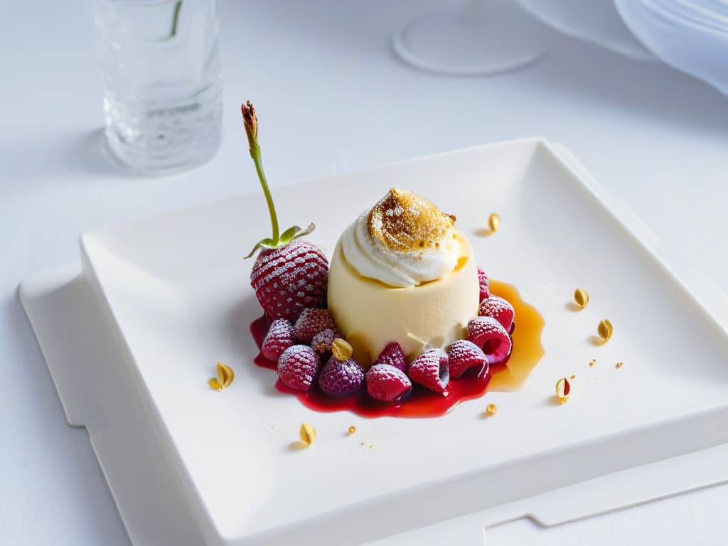  A sleek, minimalist dessert plating featuring a delicate scoop of velvety vanilla bean ice cream resting on a transparent square plate, garnished with a single vibrant raspberry and a sprinkle of edible gold leaf, set against a stark white backdrop with soft, natural lighting casting a gentle shadow beneath the plate. The presentation exudes elegance and simplicity, embodying the essence of modern minimalist dessert techniques. hyperrealistic, full body, detailed clothing, highly detailed, cinematic lighting, stunningly beautiful, intricate, sharp focus, f/1. 8, 85mm, (centered image composition), (professionally color graded), ((bright soft diffused light)), volumetric fog, trending on instagram, trending on tumblr, HDR 4K, 8K