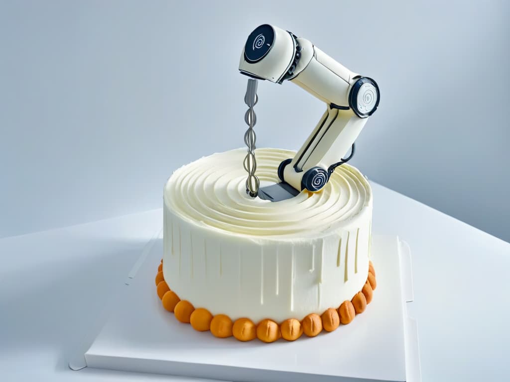  An ultradetailed image of a sleek, futuristic robotic arm delicately piping intricate swirls of frosting onto a perfectly crafted cake. The robotic arm is shining silver against a clean, white background, with each movement captured in stunning clarity, showcasing the precision and efficiency of robotic technology in the field of pastry making. hyperrealistic, full body, detailed clothing, highly detailed, cinematic lighting, stunningly beautiful, intricate, sharp focus, f/1. 8, 85mm, (centered image composition), (professionally color graded), ((bright soft diffused light)), volumetric fog, trending on instagram, trending on tumblr, HDR 4K, 8K