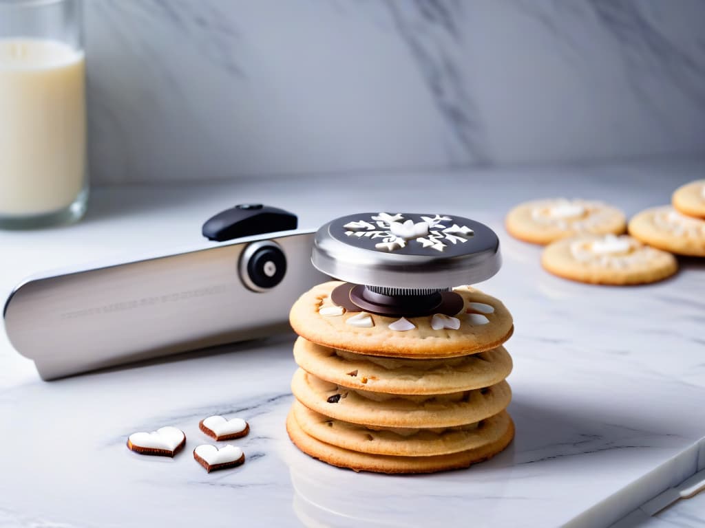  A closeup, ultradetailed image of a sleek, stainless steel cookie press with intricate design discs lined up neatly beside it on a marble countertop. The press is catching a glint of soft light, highlighting its smooth, polished surface, while the design discs feature various patterns like hearts, stars, and snowflakes, showcasing the tool's versatility for creating uniform and visually captivating cookie designs. hyperrealistic, full body, detailed clothing, highly detailed, cinematic lighting, stunningly beautiful, intricate, sharp focus, f/1. 8, 85mm, (centered image composition), (professionally color graded), ((bright soft diffused light)), volumetric fog, trending on instagram, trending on tumblr, HDR 4K, 8K