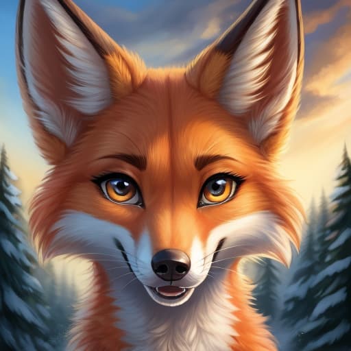  Orange fur fox showing her canine focus, open eyes, digital art, masterpiece, 4k, fine details,