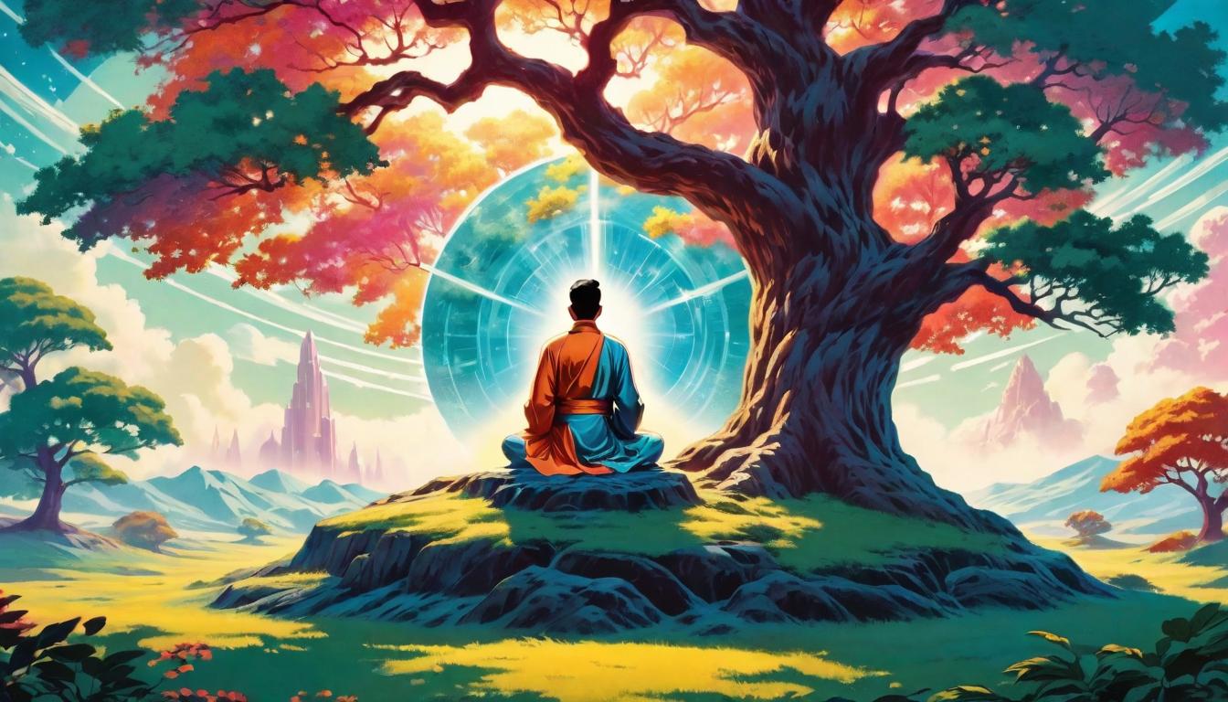  retro futuristic Person meditating under a large tree, serene landscape, transcendence over materialism, spiritual enlightenment, inner peace amidst nature lvintage sci fi, 50s and 60s style, atomic age, vibrant, highly detailed