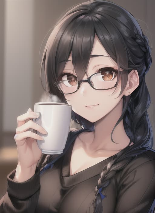  detailed illustration of a woman, ((masterpiece)), highres, absurdres, ultra detailed, HD, 8K, wallpaper, ((jet black hair)), (double braided hairstyle), ((brown eyes)), ((perfect eyes)), prominent pupils, detailed eyes, detailed nose, detailed mouth, detailed hair, simple background, rectangular black glasses with black frame, (large breasts), ((coffee brown sweater)), ((knit sweater)), black pants, looking at viewer, happy expression, expressive eyes, ((perfect eyes)), (nice hands), simple background, (fine detail), prominent outline, sharp nose, (perfect eyes), expressive eyes, shiny lens, ((HD))