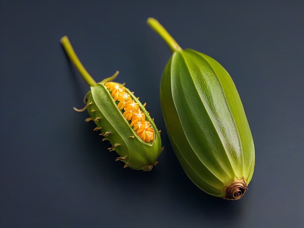  An ultradetailed, minimalist image of a vibrant Madagascar vanilla bean pod split open, showcasing the tiny seeds inside against a stark black background. The focus is on the intricate details of the pod and seeds, highlighting the richness and natural beauty of this essential ingredient in traditional Malagasy desserts. hyperrealistic, full body, detailed clothing, highly detailed, cinematic lighting, stunningly beautiful, intricate, sharp focus, f/1. 8, 85mm, (centered image composition), (professionally color graded), ((bright soft diffused light)), volumetric fog, trending on instagram, trending on tumblr, HDR 4K, 8K