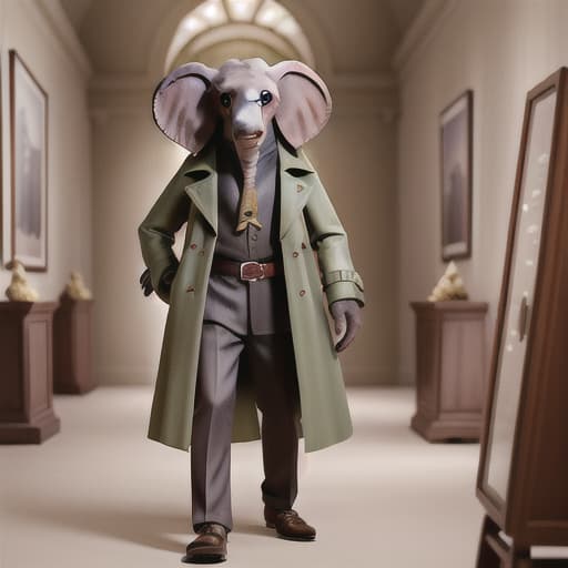  ultrarealistic very detailled photo of elefant wearing a trench coat in a museum