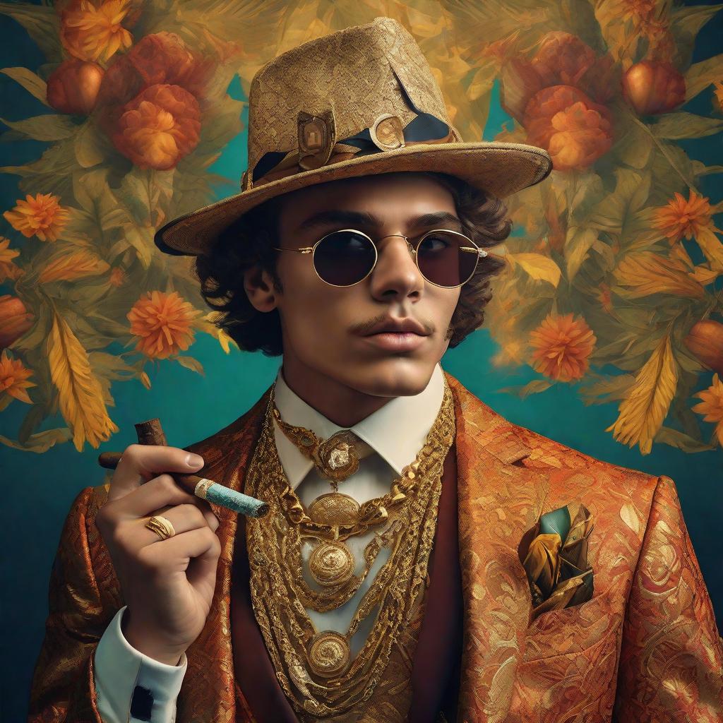  Masterpiece, best quality, a rich boy with hemp flower buds smoking cigars wearing gold necklaces and hair shaped like colorful hemp stamens, holding expensive cigars, creating a sense of wealth and luxury. The atmosphere is complex and indulgent, with a touch of exclusivity. The style is reminiscent of high-end fashion photography, with subjects exuding confidence and sophistication.