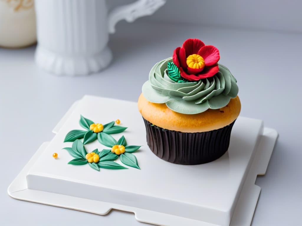  A closeup, highresolution image of a delicate, intricately decorated cupcake with vibrant colors, showcasing fine piping work and edible embellishments like sugar flowers and metallic accents. The cupcake is elegantly presented on a simple, white porcelain plate, set against a soft, blurred background to emphasize the craftsmanship and artistry involved in pastry decoration. hyperrealistic, full body, detailed clothing, highly detailed, cinematic lighting, stunningly beautiful, intricate, sharp focus, f/1. 8, 85mm, (centered image composition), (professionally color graded), ((bright soft diffused light)), volumetric fog, trending on instagram, trending on tumblr, HDR 4K, 8K