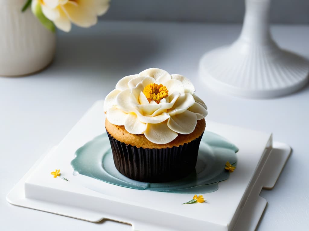  A closeup, ultrahighresolution image of a perfectly frosted allergyfriendly cupcake, topped with a delicate edible flower made from allergenfree ingredients. The cupcake sits on a sleek, modern white plate, set against a soft, blurred background to emphasize the intricate details of the frosting and flower decoration. The image captures the elegant simplicity and allergenfree nature of the dessert, appealing to both the eye and the dietary needs of individuals with food allergies. hyperrealistic, full body, detailed clothing, highly detailed, cinematic lighting, stunningly beautiful, intricate, sharp focus, f/1. 8, 85mm, (centered image composition), (professionally color graded), ((bright soft diffused light)), volumetric fog, trending on instagram, trending on tumblr, HDR 4K, 8K