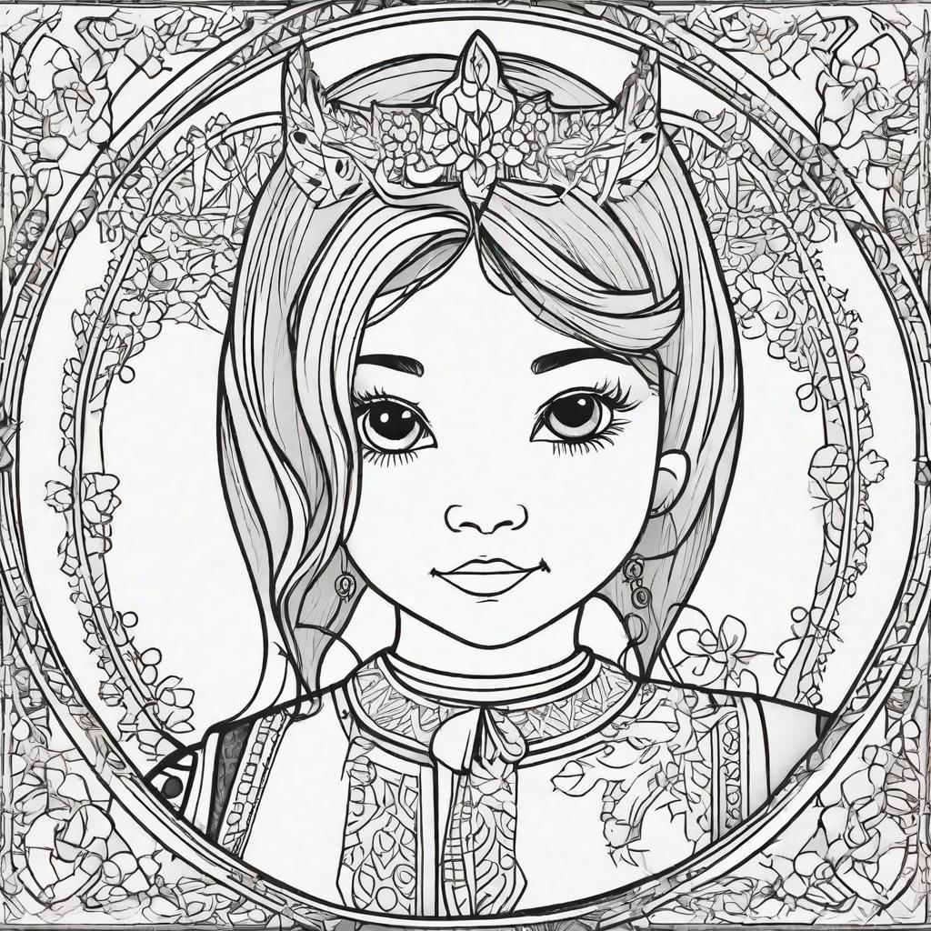  in a coloring book style, A girl with opened hair, a giving a cheerful smile with beautiful eyes and face expression.