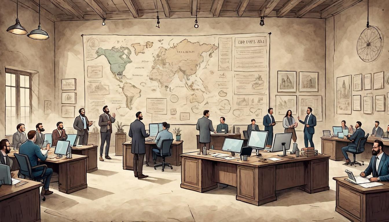  on parchment, surrealism+++, Office with open spaces, people collaborating, inclusivity poster on wall, background diverse, atmosphere productive, supportive, inclusive(mysterious, provocative, symbolic,muted color)+++