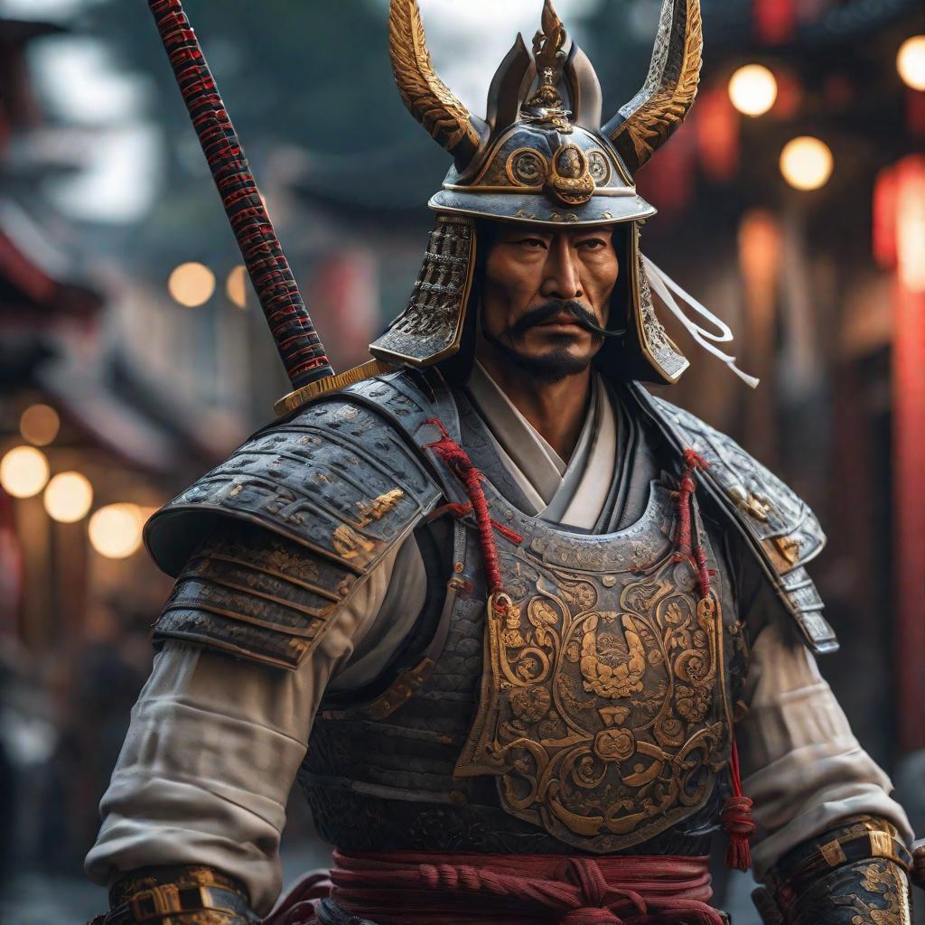  Crea un samurai con forma de demonio hyperrealistic, full body, detailed clothing, highly detailed, cinematic lighting, stunningly beautiful, intricate, sharp focus, f/1. 8, 85mm, (centered image composition), (professionally color graded), ((bright soft diffused light)), volumetric fog, trending on instagram, trending on tumblr, HDR 4K, 8K