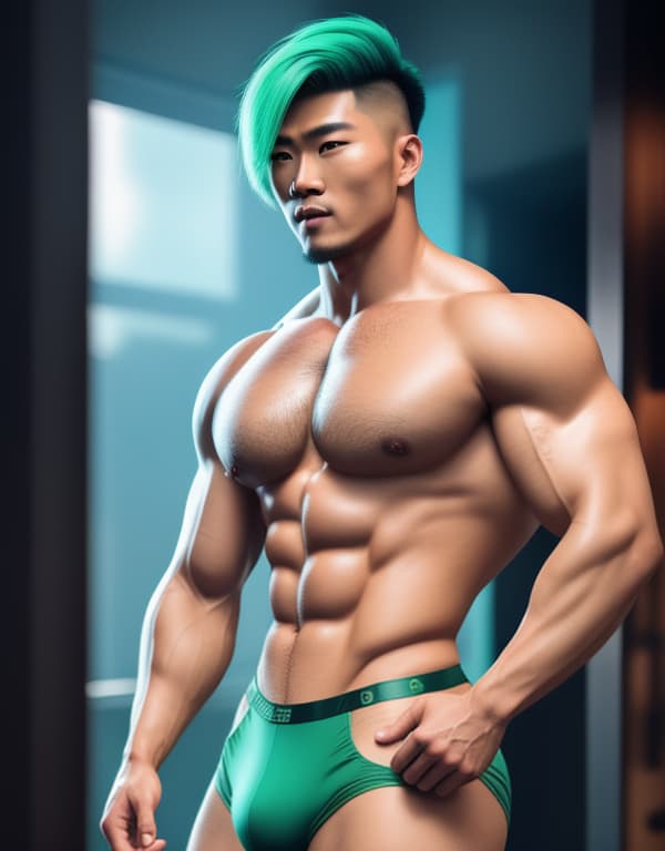  muscle, tattooed Chinese beautiful boy with white lace and green hair, lifting his in hill， whole dorsal body，chest hair hyperrealistic, full body, detailed clothing, highly detailed, cinematic lighting, stunningly beautiful, intricate, sharp focus, f/1. 8, 85mm, (centered image composition), (professionally color graded), ((bright soft diffused light)), volumetric fog, trending on instagram, trending on tumblr, HDR 4K, 8K