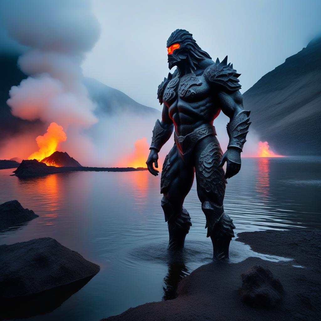  Volcanic golem on the bank of a volcanic lake. hyperrealistic, full body, detailed clothing, highly detailed, cinematic lighting, stunningly beautiful, intricate, sharp focus, f/1. 8, 85mm, (centered image composition), (professionally color graded), ((bright soft diffused light)), volumetric fog, trending on instagram, trending on tumblr, HDR 4K, 8K