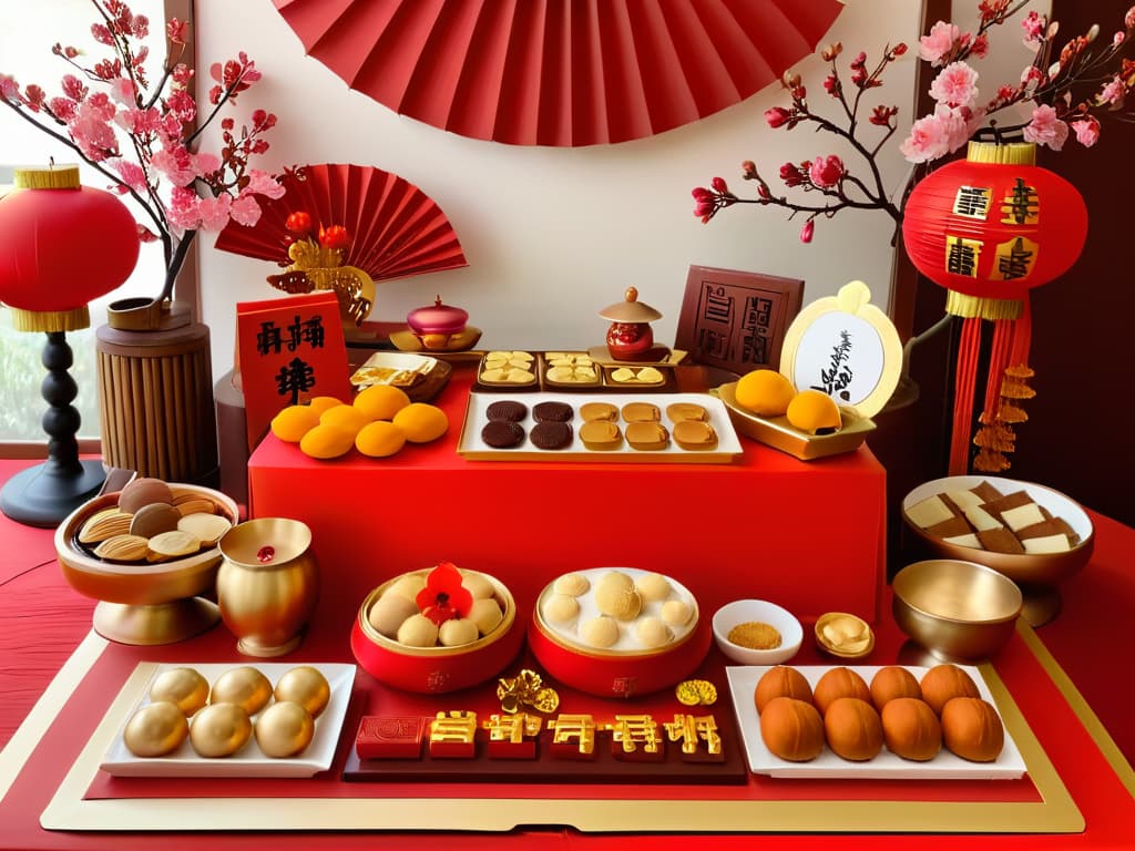  A beautifully detailed photorealistic image of a vibrant red and gold Chinese New Year dessert table adorned with traditional treats like tangyuan, nian gao, and almond cookies, set against a backdrop of ornate paper lanterns and blooming cherry blossom branches. The table is elegantly arranged with intricate patterns and auspicious symbols, evoking a sense of festivity and prosperity for the new year. hyperrealistic, full body, detailed clothing, highly detailed, cinematic lighting, stunningly beautiful, intricate, sharp focus, f/1. 8, 85mm, (centered image composition), (professionally color graded), ((bright soft diffused light)), volumetric fog, trending on instagram, trending on tumblr, HDR 4K, 8K