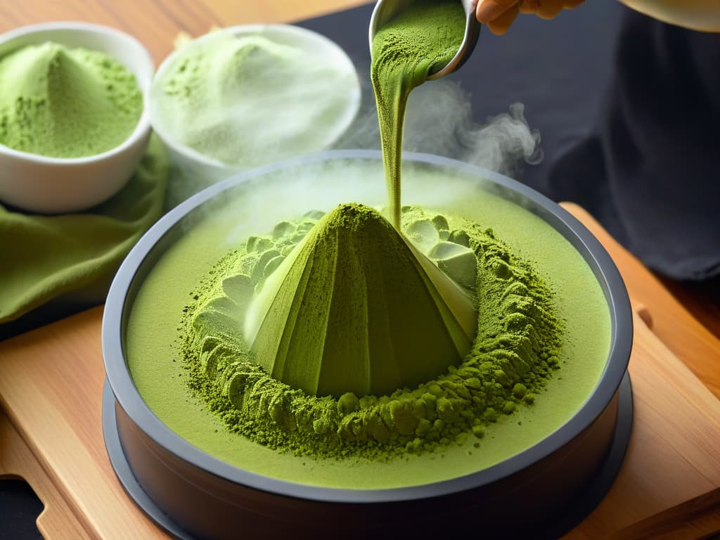  A closeup, ultradetailed image of a vibrant green matcha powder being sifted through a fine mesh sieve, with a soft, natural light illuminating the delicate particles suspended in the air. The focus is sharp, capturing the intricate texture and rich color of the matcha powder as it cascades gracefully downwards, creating a mesmerizing and visually striking scene that embodies the essence of using matcha in healthy dessert recipes. hyperrealistic, full body, detailed clothing, highly detailed, cinematic lighting, stunningly beautiful, intricate, sharp focus, f/1. 8, 85mm, (centered image composition), (professionally color graded), ((bright soft diffused light)), volumetric fog, trending on instagram, trending on tumblr, HDR 4K, 8K