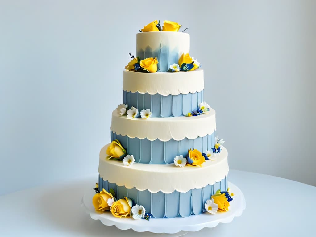  An intricately designed, minimalist image showcasing an elegant tiered cake inspired by The Great British Bake Off. The cake features delicate layers adorned with intricate piping details, fondant decorations, and edible flowers in soft pastel hues. The background is a simple, clean white to emphasize the sophistication and artistry of the confection. hyperrealistic, full body, detailed clothing, highly detailed, cinematic lighting, stunningly beautiful, intricate, sharp focus, f/1. 8, 85mm, (centered image composition), (professionally color graded), ((bright soft diffused light)), volumetric fog, trending on instagram, trending on tumblr, HDR 4K, 8K