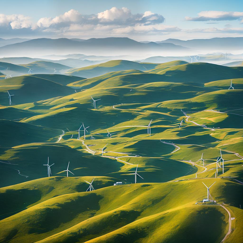  ((masterpiece)), (((best quality))), 8k, high detailed, ultra-detailed. Wind turbines on a green hill under a clear blue sky, with blades rotating gracefully, casting long shadows on the lush grass. The turbines, standing tall and majestic, are a symbol of clean energy and sustainability. The vibrant green hillside is dotted with colorful wildflowers, adding a touch of beauty to the scene. In the distance, fluffy white clouds float peacefully in the clear blue sky, creating a sense of tranquility. The sunlight illuminates the scene, casting a warm golden glow on the landscape. The details of the turbines, from the intricate design of the blades to the reflective surfaces, are meticulously captured with precision and clarity. The overall com hyperrealistic, full body, detailed clothing, highly detailed, cinematic lighting, stunningly beautiful, intricate, sharp focus, f/1. 8, 85mm, (centered image composition), (professionally color graded), ((bright soft diffused light)), volumetric fog, trending on instagram, trending on tumblr, HDR 4K, 8K