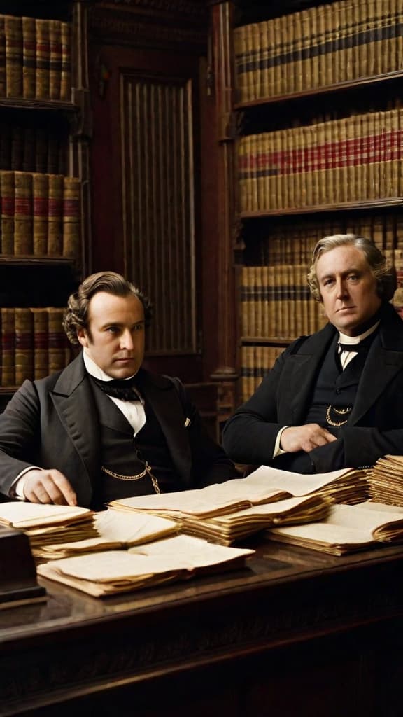  (A dimly lit interior of a wealthy 19th century office, with ornate furniture and a large desk. Two well dressed men, Isaac Franklin and John Armfield, are sitting at the desk, surrounded by stacks of papers and ledgers. The men have stern expressions on their faces, conveying a sense of power and cruelty. In the background, a display cabinet is visible, containing luxurious items such as jewelry and fine china, alluding to the men's wealth and status.) hyperrealistic, full body, detailed clothing, highly detailed, cinematic lighting, stunningly beautiful, intricate, sharp focus, f/1. 8, 85mm, (centered image composition), (professionally color graded), ((bright soft diffused light)), volumetric fog, trending on instagram, trending on tumblr, HDR 4K, 8K