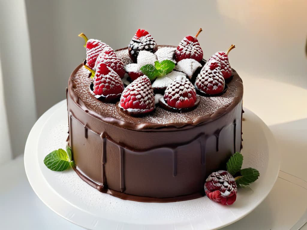  A closeup, ultradetailed image of a beautifully decorated glutenfree chocolate cake on a pristine white cake stand. The cake is adorned with fresh raspberries and mint leaves, with a light dusting of powdered sugar on top. The smooth, glossy chocolate ganache glaze is perfectly dripped over the edges, showcasing a flawless finish. The lighting is soft and elegant, highlighting the intricate details of the dessert and creating a visually stunning and appetizing composition. hyperrealistic, full body, detailed clothing, highly detailed, cinematic lighting, stunningly beautiful, intricate, sharp focus, f/1. 8, 85mm, (centered image composition), (professionally color graded), ((bright soft diffused light)), volumetric fog, trending on instagram, trending on tumblr, HDR 4K, 8K