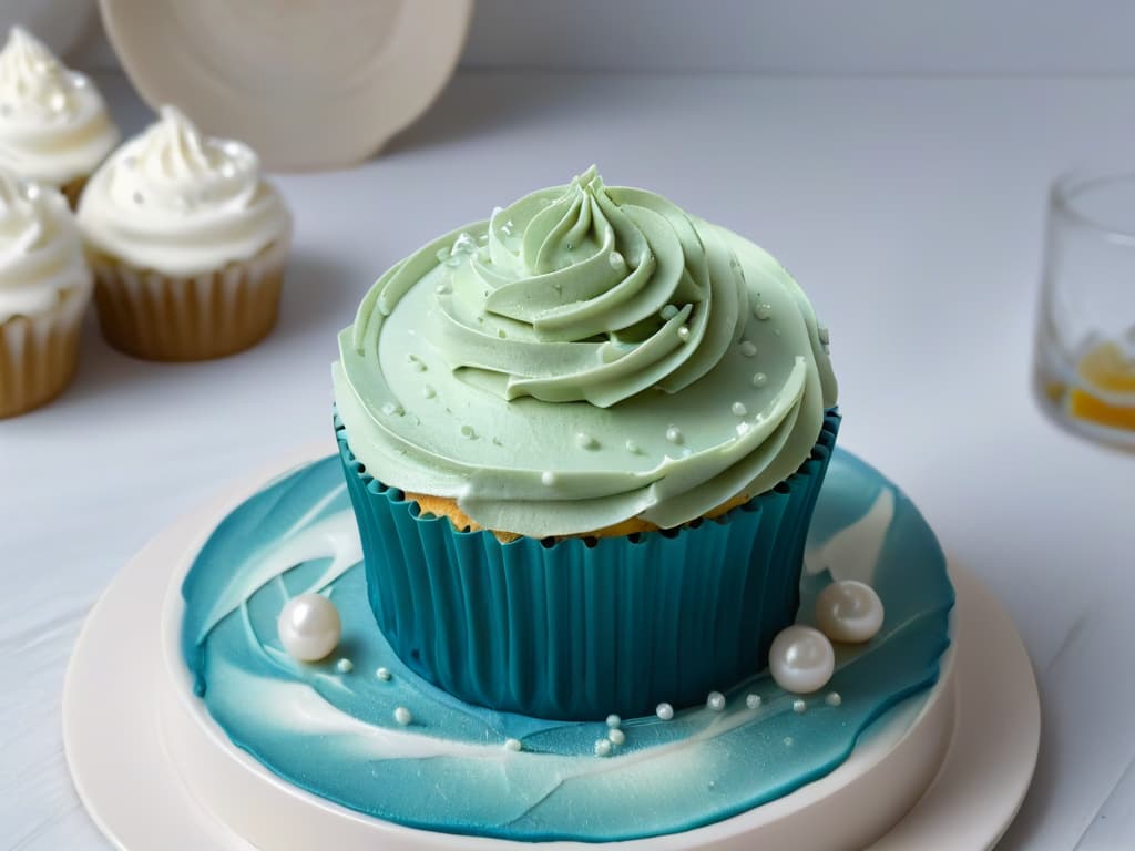  A closeup, ultradetailed image of a perfectly frosted cupcake with delicate swirls of pastelcolored buttercream, sprinkled with tiny edible pearls, set on a sleek, white marble countertop. The frosting is flawlessly smooth, with intricate details that showcase the skill and artistry involved in creating such a delectable treat. The subtle play of light and shadows enhances the minimalist aesthetic, highlighting the beauty of the dessert in a simple yet captivating way. hyperrealistic, full body, detailed clothing, highly detailed, cinematic lighting, stunningly beautiful, intricate, sharp focus, f/1. 8, 85mm, (centered image composition), (professionally color graded), ((bright soft diffused light)), volumetric fog, trending on instagram, trending on tumblr, HDR 4K, 8K