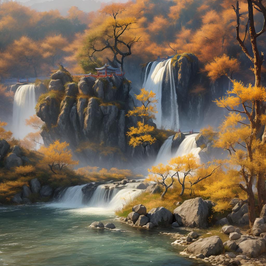  masterpiece, best quality, (chinese wind:1.5), autumn, oasis, waterfall,8k resolution, natural light, watercolor