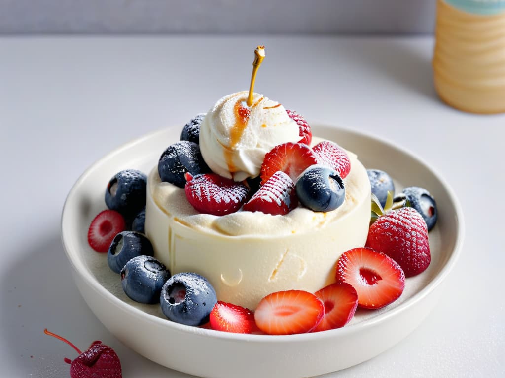  An ultradetailed closeup of a scoop of creamy, sugarfree vanilla ice cream being delicately placed on top of a vibrant medley of fresh berries, all arranged in a sleek, modern bowl with a subtle geometric pattern. The rich textures of the velvety ice cream, the glistening berries, and the glossy bowl create a visually captivating and minimalistic composition that exudes sophistication and indulgence. hyperrealistic, full body, detailed clothing, highly detailed, cinematic lighting, stunningly beautiful, intricate, sharp focus, f/1. 8, 85mm, (centered image composition), (professionally color graded), ((bright soft diffused light)), volumetric fog, trending on instagram, trending on tumblr, HDR 4K, 8K