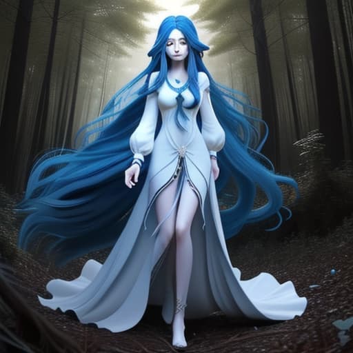  Long blue haired girl in white dress in forest with black crows