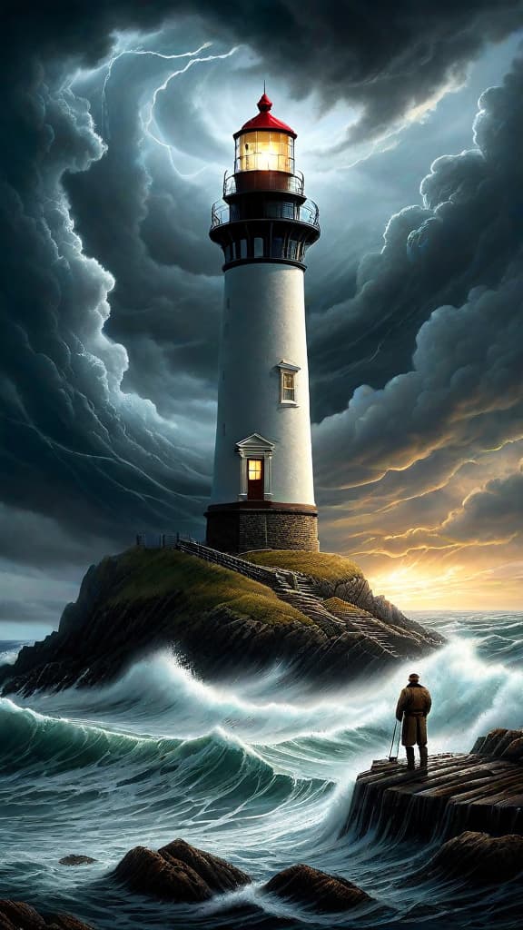  (A stormy night at a remote coastal lighthouse, with swirling clouds and crashing waves. The lighthouse keeper ventures out into the storm, following a strange pattern in the light's reflection to a washed up chest embossed with ancient ruins, hinting at a mysterious map leading to a forgotten island filled with hidden treasures.) hyperrealistic, full body, detailed clothing, highly detailed, cinematic lighting, stunningly beautiful, intricate, sharp focus, f/1. 8, 85mm, (centered image composition), (professionally color graded), ((bright soft diffused light)), volumetric fog, trending on instagram, trending on tumblr, HDR 4K, 8K