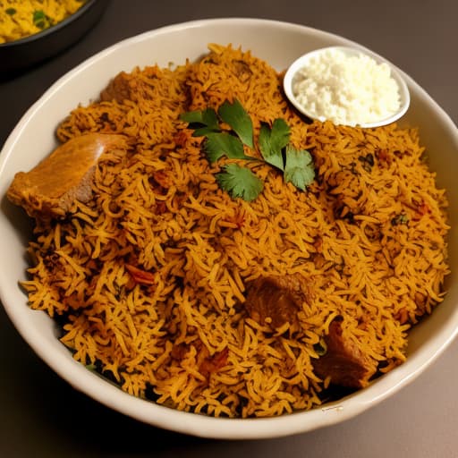 Delicious briyani, soft leg meat, in bowl, smoked, cinematic background