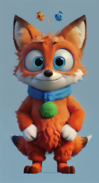  {Error the fox pressing the blue button with his paw, looking puzzled as nothing occurs., Error is a small, bright orange fox with a fluffy tail and big, inquisitive eyes. He has a mischievous yet kind expression and wears a tiny green scarf.