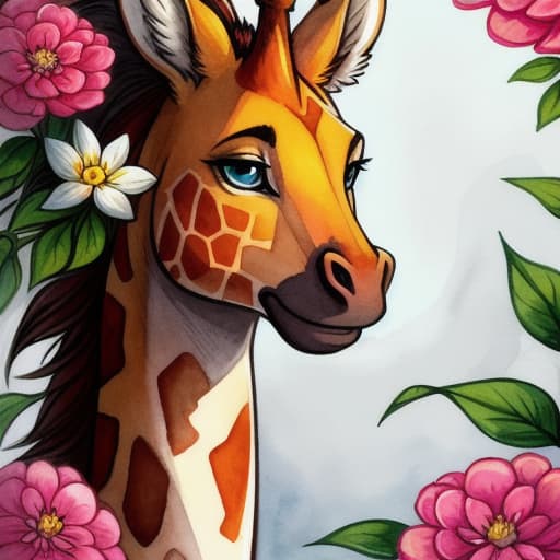  watercolor, storybook, child-book, A cartoon giraffe with simplistic black lines over a white background, looking at various flowers with curiosity, best quality, very detailed, high resolution, sharp, sharp image hyperrealistic, full body, detailed clothing, highly detailed, cinematic lighting, stunningly beautiful, intricate, sharp focus, f/1. 8, 85mm, (centered image composition), (professionally color graded), ((bright soft diffused light)), volumetric fog, trending on instagram, trending on tumblr, HDR 4K, 8K