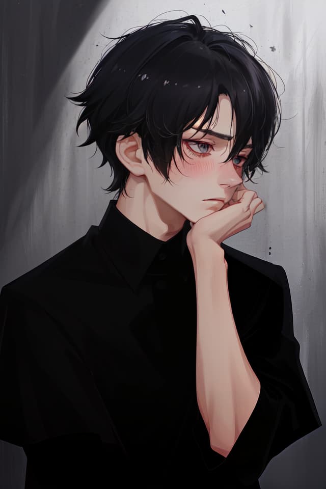  absurdres,highres,superlative,texture,contrast,top quality,masterpiece,clroom,(face only) BREAK solo,boy,kakkoii,sulking,light blush,black hair,short hair,side cut,shirt,(hand on own head),