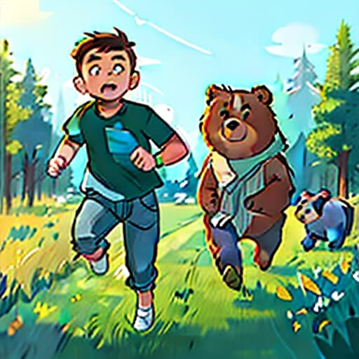  a boy with short hair and brown shirt and blue jeans running, a bear chasing in green grass field