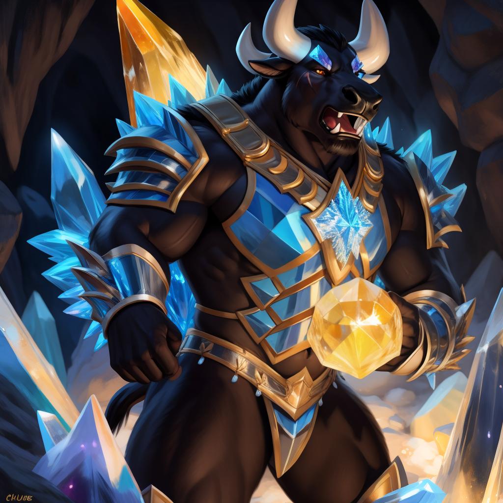  By chunie, by Meesh, 3d, portrait, full view, full body, detailed eyes, glowing eyes:2, sharp detail, masterpiece, crystallized blue horns, photorealistic:2, solo, anthro, male, black bull, scar on face, a black bull meditate in a large crystal cave(golden glowing crystal), casting a huge glowing earth spell:2, fighting, roaring, angry face:2, yelling, serious face:2, rage, enraged:2, sparkling crystal armor:2, surrounded by glowing crystals:2, glowing crystals in background:2, ultra detailed glowing crystals, ultra detailed sparkling crystal armor:2, sfw, thick body, muscular body, stare at the camera, open eyes, digital art, masterpiece, 4k, fine details,