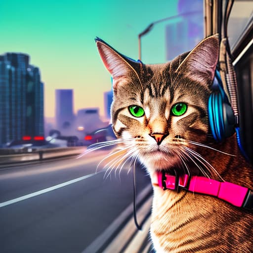 nvinkpunk Realistic image of a cat wearing headphones and reading glasses while riding a bus. hyperrealistic, full body, detailed clothing, highly detailed, cinematic lighting, stunningly beautiful, intricate, sharp focus, f/1. 8, 85mm, (centered image composition), (professionally color graded), ((bright soft diffused light)), volumetric fog, trending on instagram, trending on tumblr, HDR 4K, 8K