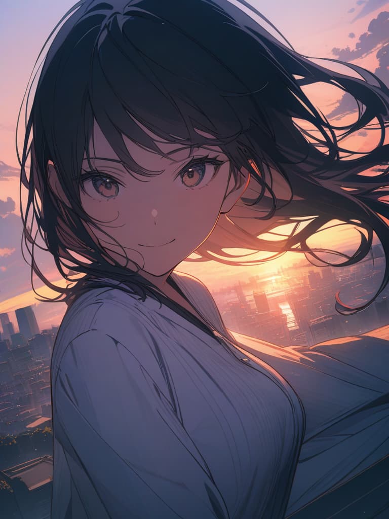  The background is the city of the city, the sky is the sky, the sunset is looking a little, the woman is smiling, looking at it, the whole body, the clothes is one piece, masterpiece, best quality,8k,ultra detailed,high resolution,an extremely delicate and beautiful,hyper detail