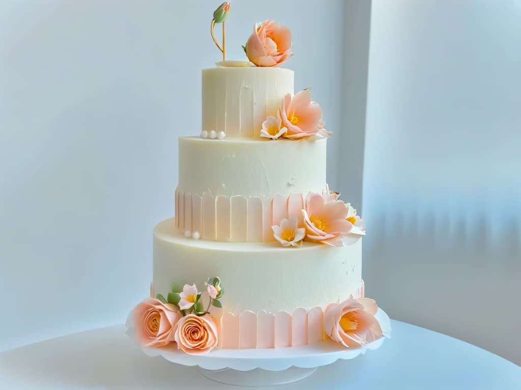  A stunning minimalistic image of a tiered wedding cake with intricate white icing details, adorned with delicate sugar flowers in pastel shades of pink, peach, and ivory. The cake is elegantly displayed on a sleek marble pedestal against a softfocus background, exuding a sense of sophistication and luxury fit for a special event. hyperrealistic, full body, detailed clothing, highly detailed, cinematic lighting, stunningly beautiful, intricate, sharp focus, f/1. 8, 85mm, (centered image composition), (professionally color graded), ((bright soft diffused light)), volumetric fog, trending on instagram, trending on tumblr, HDR 4K, 8K