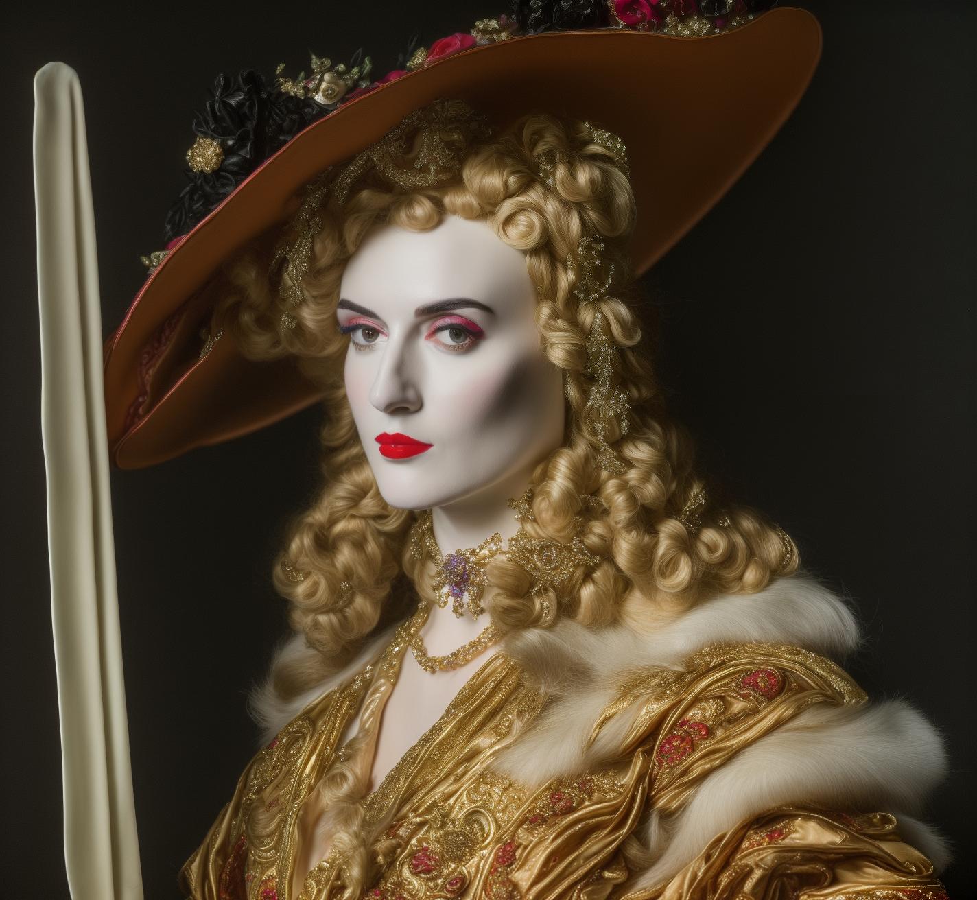  PHOTOGRAPH of a bright, Colorful and Shiny (((Meissen Porcelain JUDITH))) with a (((GLITTERY HAT))), (((Porcelain hair))) looking at the viewer, on a black background, Stunning Masterpiece, Wide angle, 3:2 aspect radio, with perfect expression and facial structure, LARGE EYES, in the style of FRAGONARD, ultra sharp focus, 8k, big dark eyes, closed mouth, (((45 degree light))),  hyperrealistic, full body, detailed clothing, highly detailed, cinematic lighting, stunningly beautiful, intricate, sharp focus, f/1. 8, 85mm, (centered image composition), (professionally color graded), ((bright soft diffused light)), volumetric fog, trending on instagram, trending on tumblr, HDR 4K, 8K