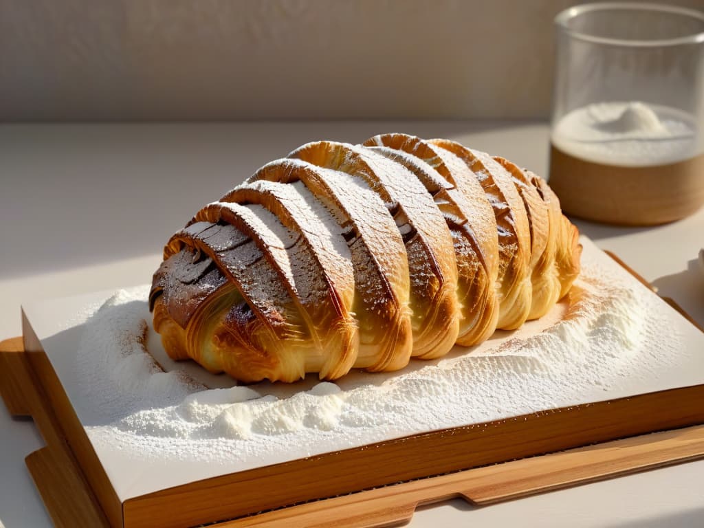  A closeup, ultradetailed image of a perfectly flaky croissant being sprinkled with a light dusting of powdered sugar, highlighting the intricate layers and golden crust of the pastry. hyperrealistic, full body, detailed clothing, highly detailed, cinematic lighting, stunningly beautiful, intricate, sharp focus, f/1. 8, 85mm, (centered image composition), (professionally color graded), ((bright soft diffused light)), volumetric fog, trending on instagram, trending on tumblr, HDR 4K, 8K