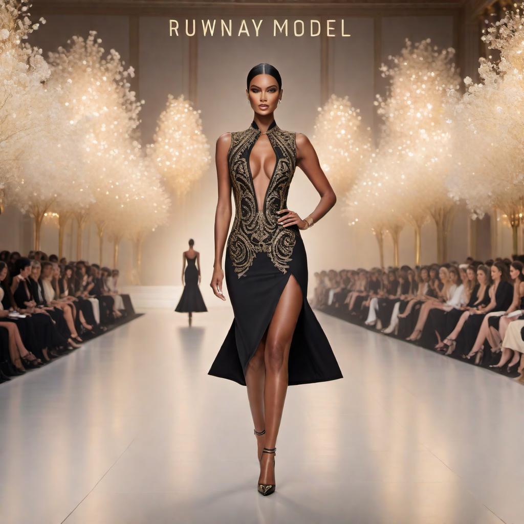  Create a sleek and modern logo using the words 'Runway Model'. The design should capture the essence of fashion and sophistication, incorporating stylish typography. Consider including elements such as a silhouette of a model walking the runway or fashion-related accessories. Use an elegant color scheme like black, white, and gold to evoke a sense of luxury and high fashion. hyperrealistic, full body, detailed clothing, highly detailed, cinematic lighting, stunningly beautiful, intricate, sharp focus, f/1. 8, 85mm, (centered image composition), (professionally color graded), ((bright soft diffused light)), volumetric fog, trending on instagram, trending on tumblr, HDR 4K, 8K