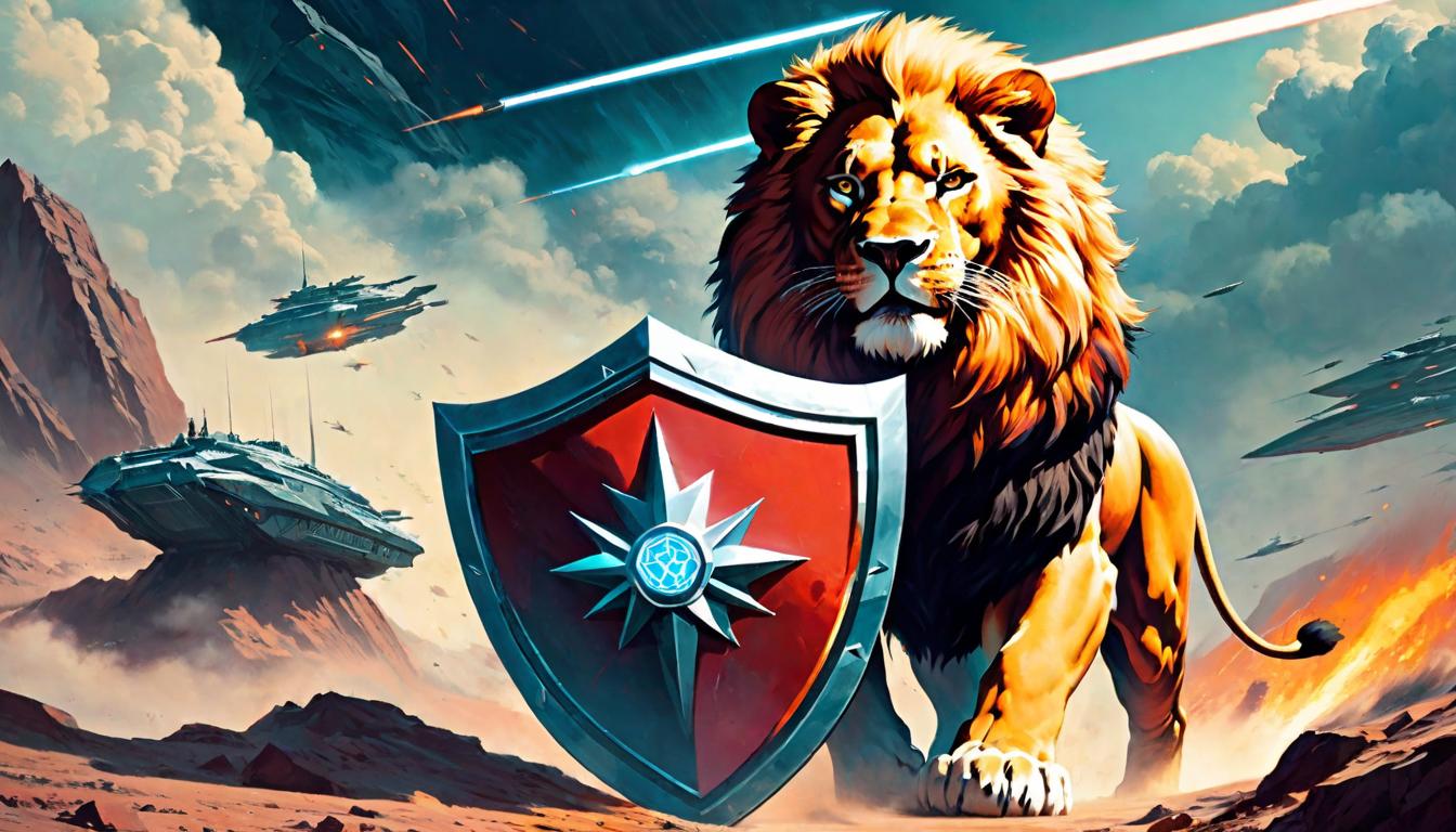  retro futuristic A shield emblazoned with a lion, standing firm amidst a battlefield, unwavering and imposing. Vigilance, strength, non negotiable stance. lvintage sci fi, 50s and 60s style, atomic age, vibrant, highly detailed