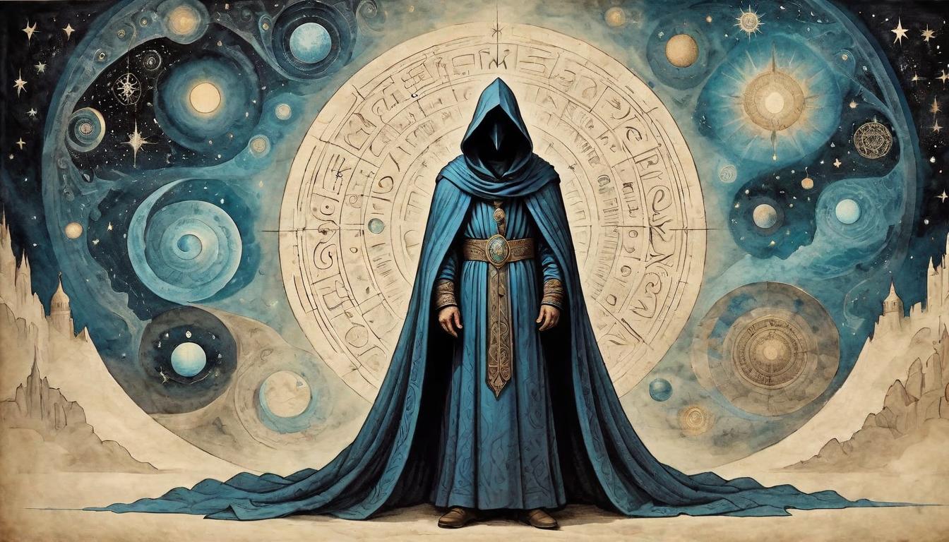  on parchment, surrealism+++, A figure cloaked in ancient robes, meditative stance, aura of divine knowledge radiating around, intricate cosmic patterns on the robes(mysterious, provocative, symbolic,muted color)+++