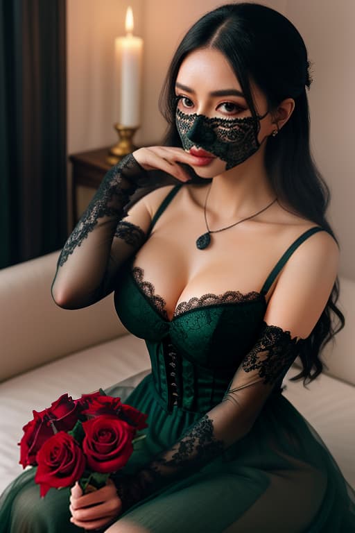  A beautiful with black hair and very fair skin, a blush on her cheeks, big eyes, a lace mask on her face with delicate facial features, plump lips, and a Gothic style in a dark green dress with layers of lace and many candles with moonlight, a blue glow, a red colored pendant around her neck, a red wine cup, a black cat sitting on her , a realistic image, a blurry background, a red rose in her hands. hyperrealistic, full body, detailed clothing, highly detailed, cinematic lighting, stunningly beautiful, intricate, sharp focus, f/1. 8, 85mm, (centered image composition), (professionally color graded), ((bright soft diffused light)), volumetric fog, trending on instagram, trending on tumblr, HDR 4K, 8K