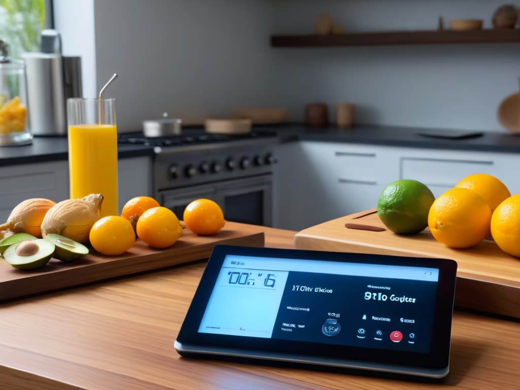  A photorealistic image showcasing a sleek and modern kitchen countertop filled with an array of hightech cooking gadgets like a precision scale, a digital thermometer, a chef's blowtorch, and an assortment of designer kitchen tools. In the background, a tablet displaying a sophisticated baking app with intricate dessert recipes, adding a touch of digital innovation to the culinary scene. The lighting is soft yet focused, highlighting the metallic finishes and clean lines of the kitchen tools, creating a professional and inspiring atmosphere for experimenting with new pastry shapes and flavors. hyperrealistic, full body, detailed clothing, highly detailed, cinematic lighting, stunningly beautiful, intricate, sharp focus, f/1. 8, 85mm, (centered image composition), (professionally color graded), ((bright soft diffused light)), volumetric fog, trending on instagram, trending on tumblr, HDR 4K, 8K