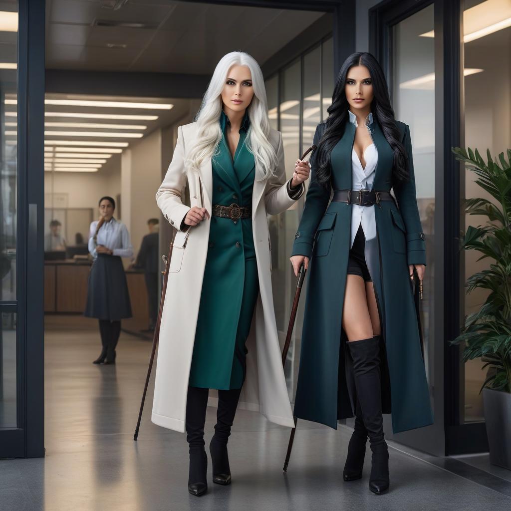  Two girls are standing by the entrance to the office. One woman has long white hair and golden eyes, and the other has long black hair and bluish green eyes. Both are wearing coats. The woman with the black hair is holding a cane, and she has a mask on her face. Full length image hyperrealistic, full body, detailed clothing, highly detailed, cinematic lighting, stunningly beautiful, intricate, sharp focus, f/1. 8, 85mm, (centered image composition), (professionally color graded), ((bright soft diffused light)), volumetric fog, trending on instagram, trending on tumblr, HDR 4K, 8K