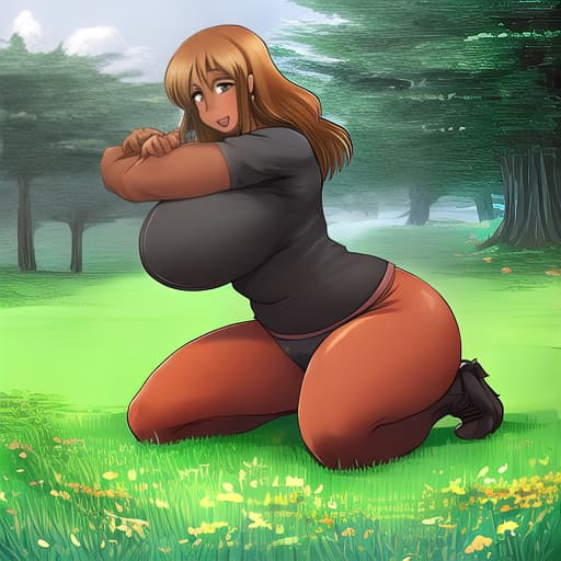  woman with huge; kneeling on grass