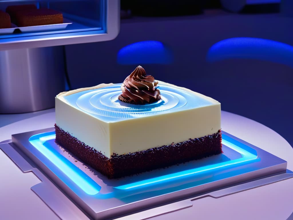  An ultradetailed, 8k resolution image of a sleek, futuristic kitchen countertop with a holographic display projecting a 3D virtual dessert creation. The dessert, a decadent layered cake, appears to materialize before the viewer's eyes, showcasing intricate details like delicate frosting swirls and shimmering edible decorations. The background is blurred to emphasize the cuttingedge technology of the augmented reality dessert design process, highlighting a seamless fusion of culinary artistry and digital innovation. hyperrealistic, full body, detailed clothing, highly detailed, cinematic lighting, stunningly beautiful, intricate, sharp focus, f/1. 8, 85mm, (centered image composition), (professionally color graded), ((bright soft diffused light)), volumetric fog, trending on instagram, trending on tumblr, HDR 4K, 8K