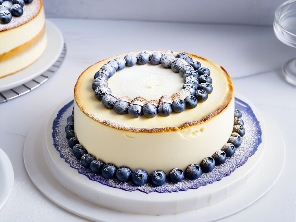  An ultradetailed image of a perfectly baked New York cheesecake topped with a delicate swirl of mascarpone cream, garnished with fresh blueberries and a dusting of powdered sugar, set on a sleek marble countertop. The rich golden crust contrasts beautifully with the creamy white filling, showcasing a decadent dessert that embodies the fusion of exquisite cheeses in pastry. hyperrealistic, full body, detailed clothing, highly detailed, cinematic lighting, stunningly beautiful, intricate, sharp focus, f/1. 8, 85mm, (centered image composition), (professionally color graded), ((bright soft diffused light)), volumetric fog, trending on instagram, trending on tumblr, HDR 4K, 8K